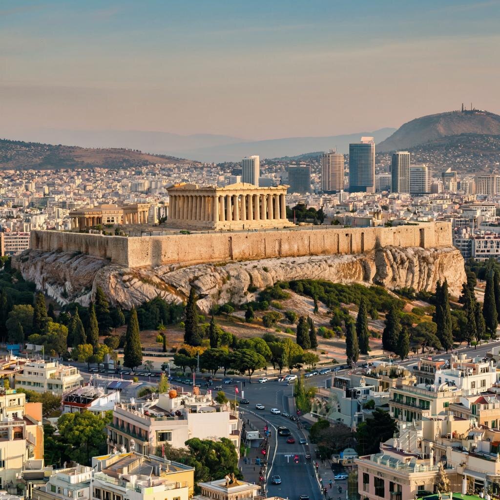 Панорама Афин с видом на Акрополь.