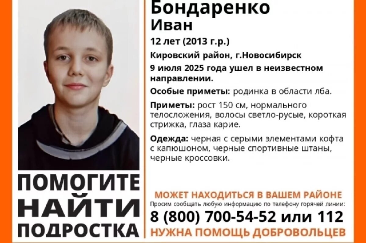    В Новосибирске разыскивают 12-летнего мальчика с родинкой на лбу