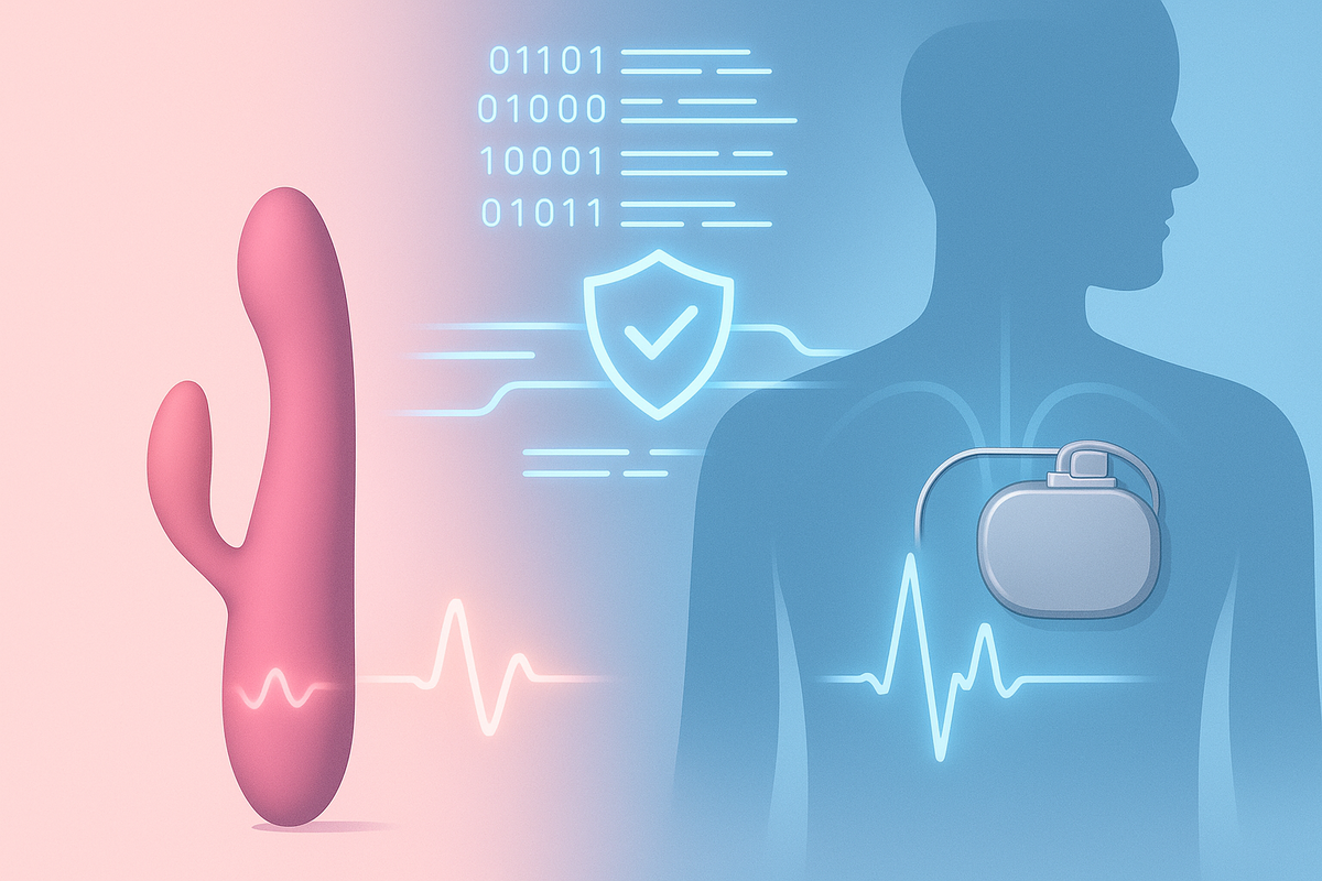 Поп-арт-диптих: слева игрушка с мягко мерцающим импульсом, справа кардиостимулятор в прозрачной грудной клетке и строгая кардиограмма; между ними — струящийся цифровой код и символ щита, подчёркивающие общую «ДНК» программ, но радикальную разницу в уровне доверия и риска.