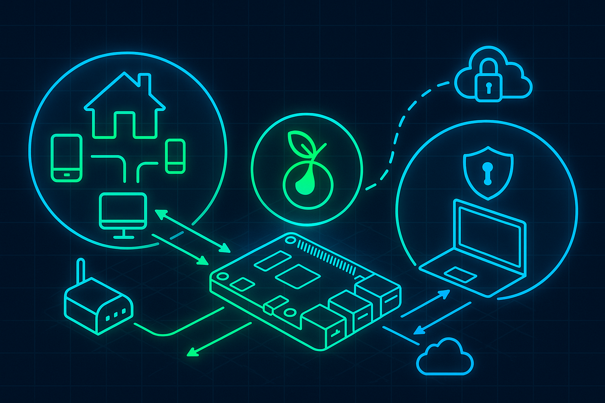 Неоновая схема: в центре Pi-hole на Raspberry Pi, от него зелёные стрелки ведут к домашним устройствам, а синие — к защищённым клиентам Tailscale; каждый круг сети получает «свои» IP-ответы, визуализируя Split Horizon DNS.
