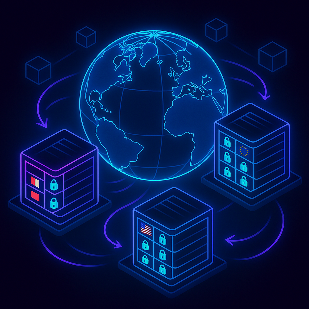 Неоновая карта мира окружена тремя кубами-узлами: на гранях — строки с замками и флагами разных стран, а стрелки показывают маршруты данных. Визуальный акцент на замках подчёркивает «строчно-региональный» контроль доступа в CockroachDB.