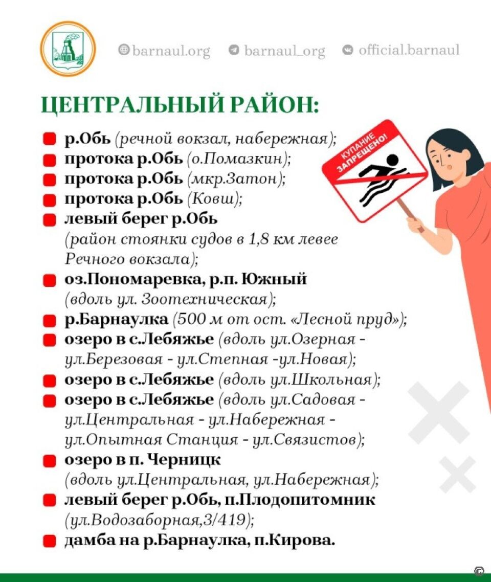    Барнаульцам рассказали о местах, где купание запрещено. Источник: Администрация Барнаула