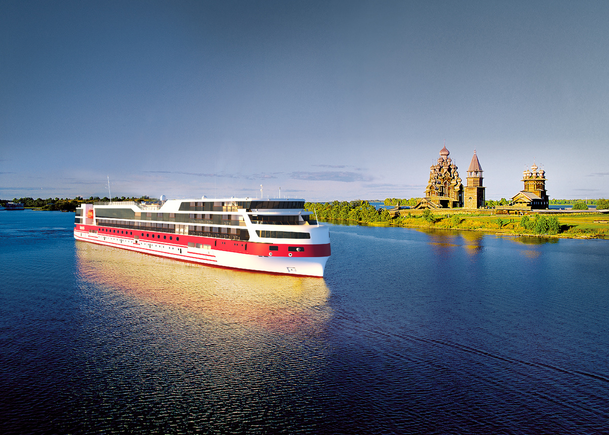 Рендер круизного теплохода “Николай Жарков”. Спуск на воду - 11 июля 2025 года. Теплоход "Николай Жарков" - четырёхпалубный круизный лайнер проекта 00840 "Карелия"