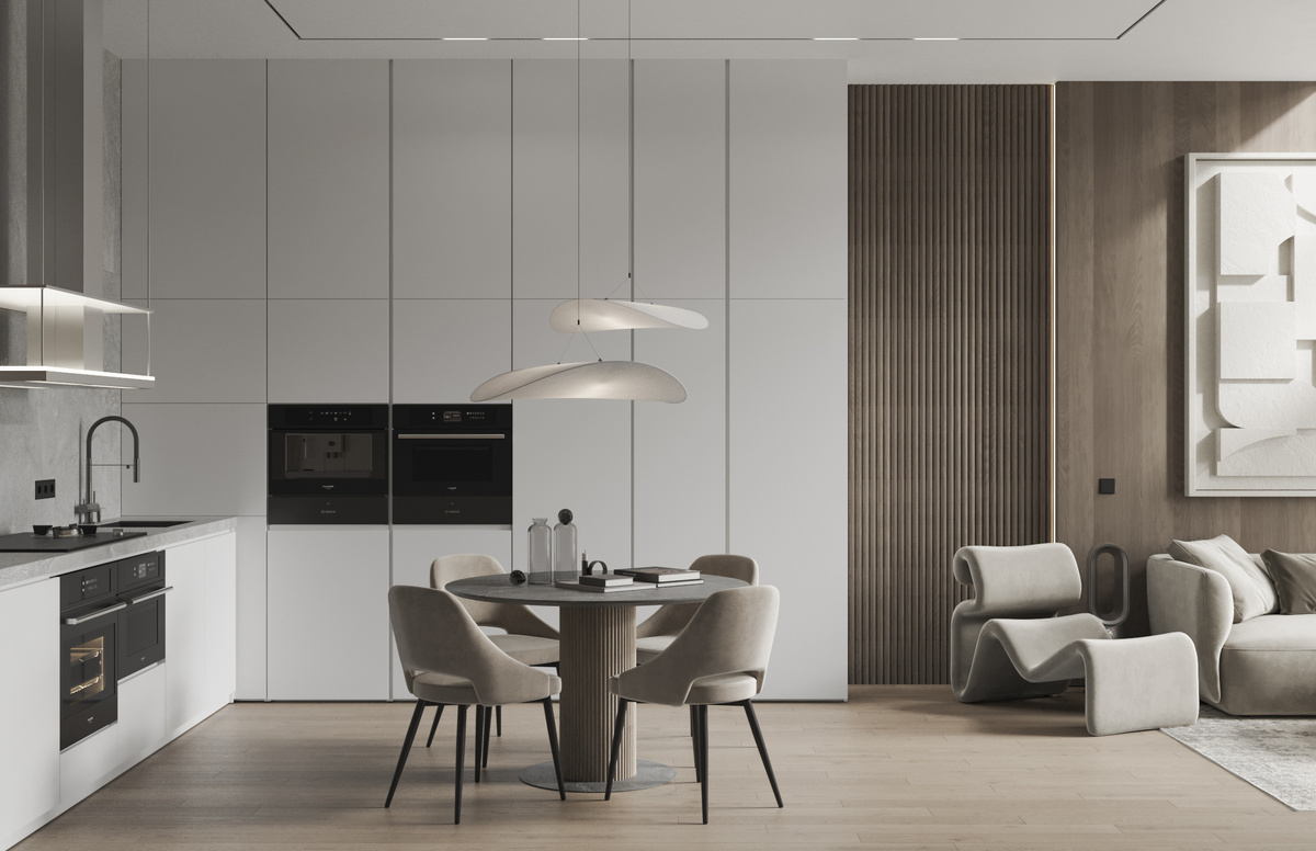 Новосибирск, ЖК Европейский берег. Дизайн кухни-гостиной от студии дизайна Verve
