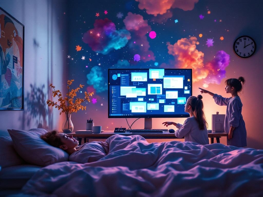    К чему такое снится: Художник изобразил офисное пространство. Женщина с удивлённым взглядом смотрит на экран компьютера, где открыто множество окон. Рядом с ней стоит дочь, указывающая н