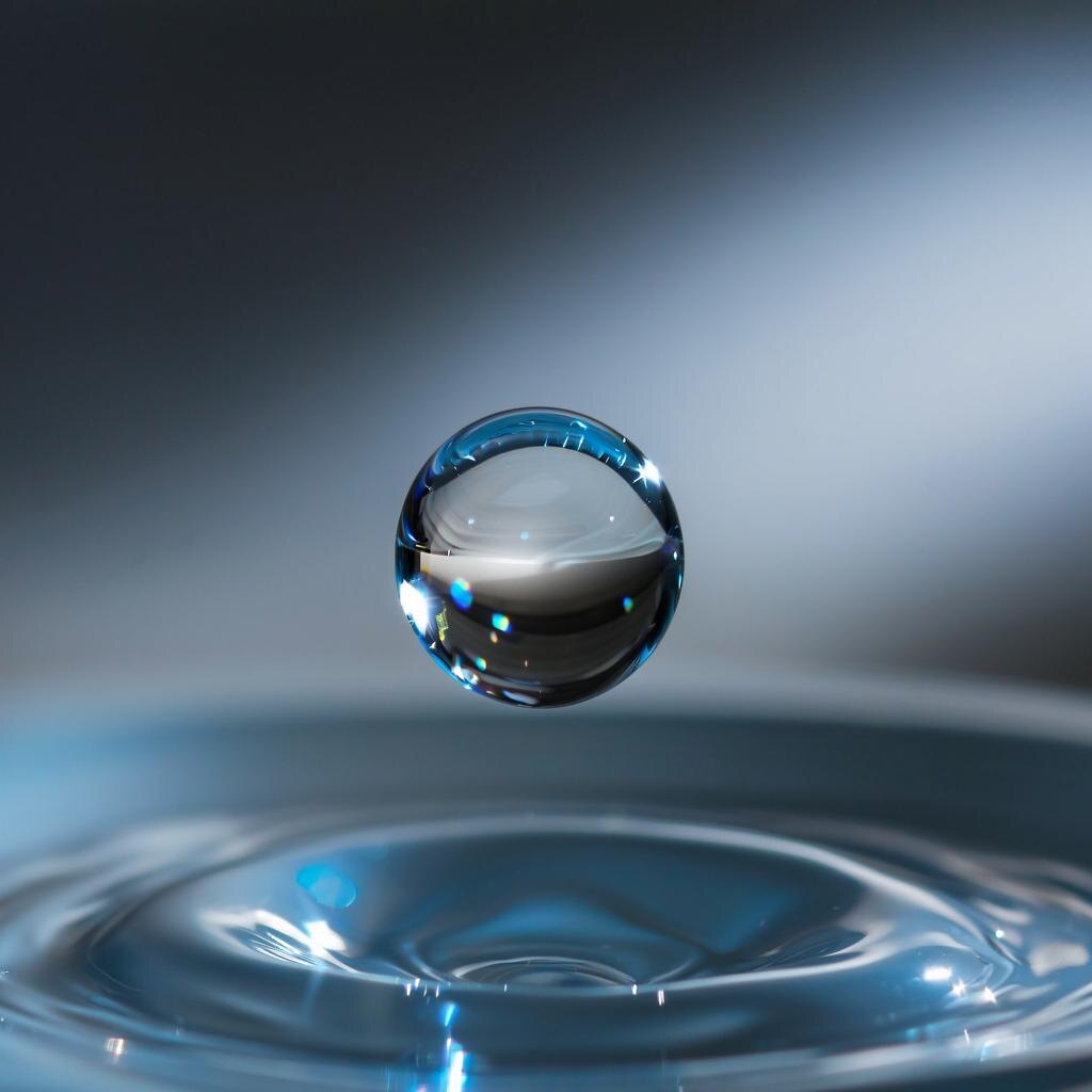 Замедленная съёмка капли воды — момент падения капли с красивыми световыми бликами. Фото сгенерировано в нейросети Kandinsky