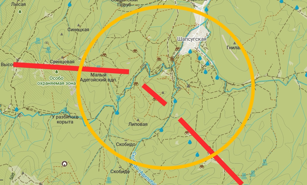 Шапсуга на карте OSM. Красной линией показал скалистый хребет.