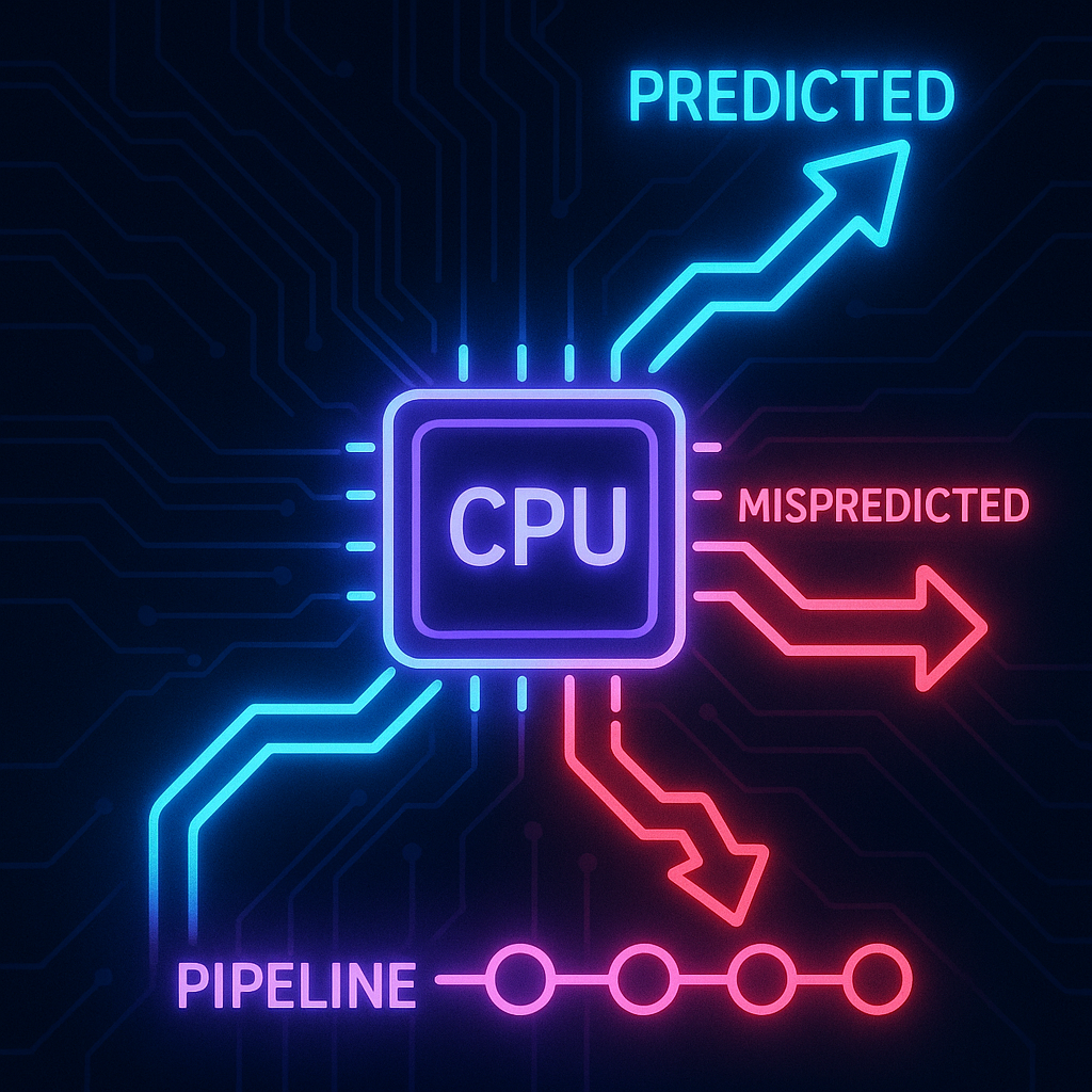 CPU в центре, от него расходятся неоновые стрелки «predicted» и «mispredicted», а под ними — «pipeline bubbles» — наглядная инфографика того, как процессор предугадывает и исправляет ветвления.