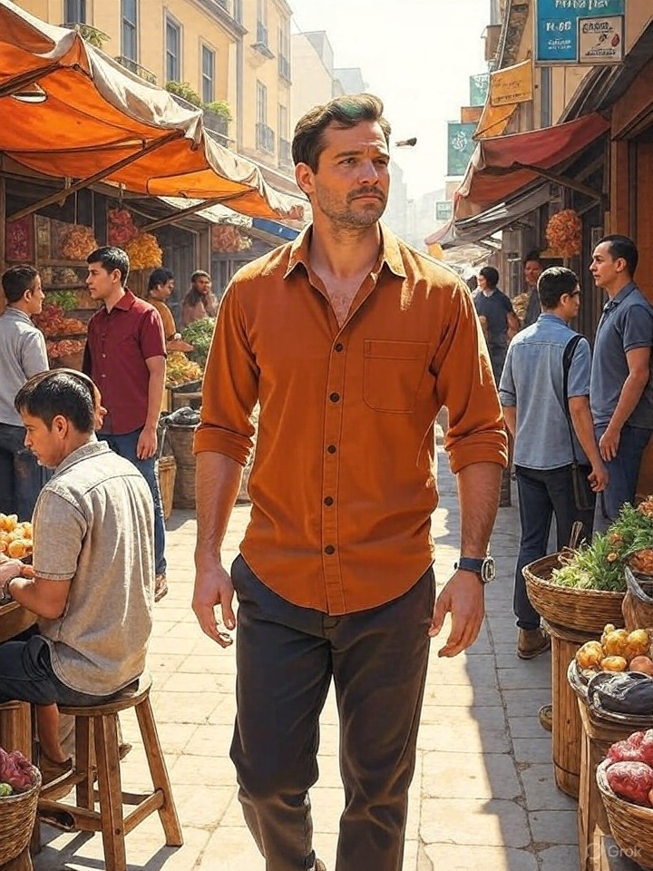 Зачем главный герой идёт на рынок? Иллюстрация - Grok.