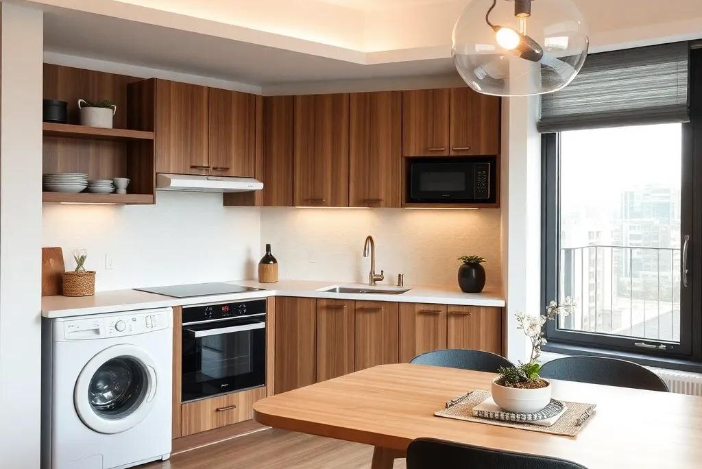 На фото изображена кухня с мебелью в онокомнатной квартире улучшенной планировки