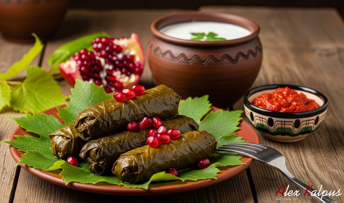 Грузинский рецепт толмы из виноградных листьев. На фотографии толма, мацони с зеленьюи чесноком, аджика.