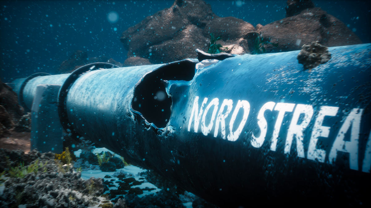    3D render illustration of the explosion of the Nord Stream 2 gas pipeline under the water of the Baltic Sea. Damaged pipe. 3D Illustration