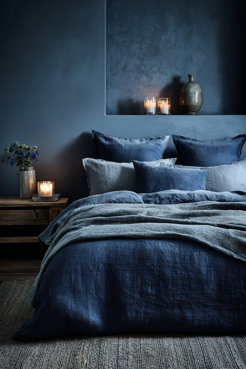 Monochrome blue bedroom with layered tones, tactile textures, calming atmosphere, soft linen bedding