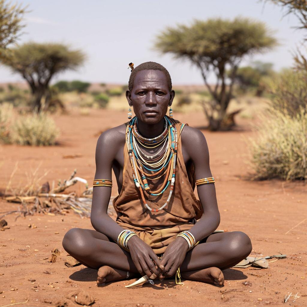 Бушмены, жители пустыни Калахари, показаны на фото в традиционной одежде, занимаясь своими повседневными делами, такими как охота и изготовление предметов быта. Это подчёркивает силу их духа и приверженность традиционным ценностям, несмотря на внешние перемены.