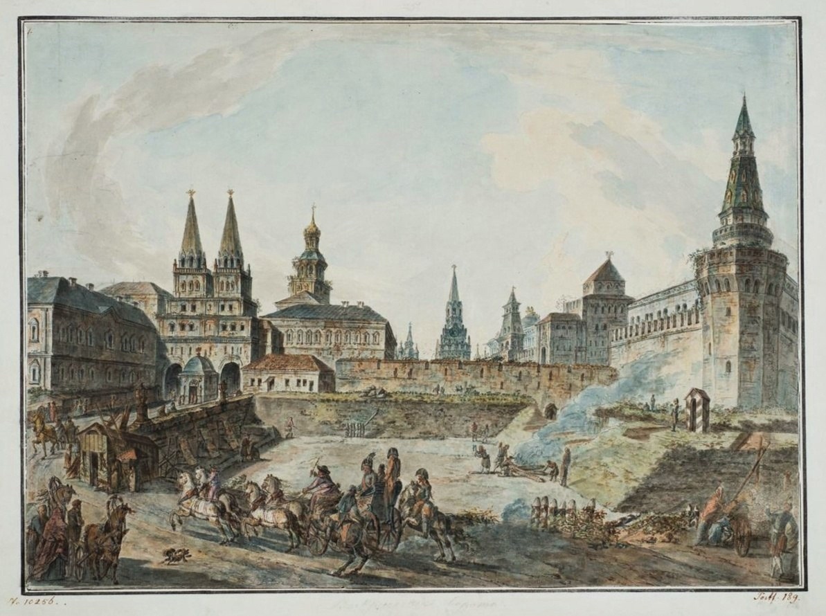 Вид на Воскресенские ворота, здание Главной аптеки, Неглинный мост и Петровские бастионы Ф.Я.Алексеев, 1800-1802 гг.