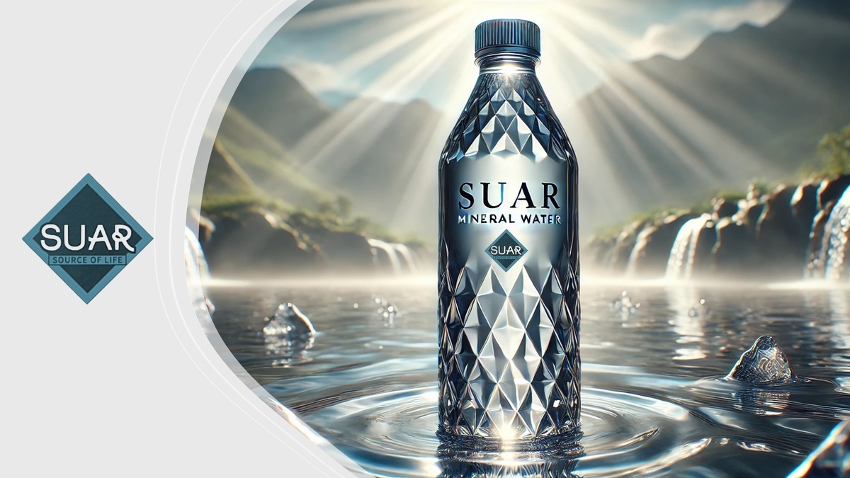 Бутылка минеральной воды СУАР в кристаллическом дизайне на фоне гор и водопада — визуальное воплощение чистоты, энергии и природного происхождения бренда.