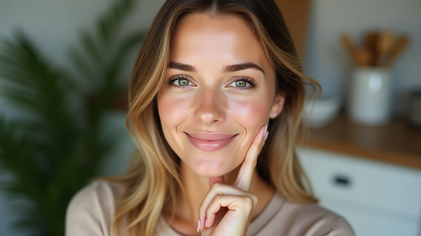    Молодая женщина задумчиво трогает лицо — момент осознанного ухода за кожей изнутри.