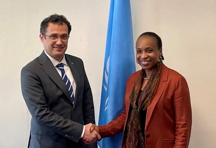 Встреча Посла Туркменистана в Австрии Хемры Аманназарова с заместителем Генерального директора ЮНИДО Фату Хайдарой, 9 июля 2025 года, Вена, Австрия (Фото: Посольство Туркменистана в Австрии)