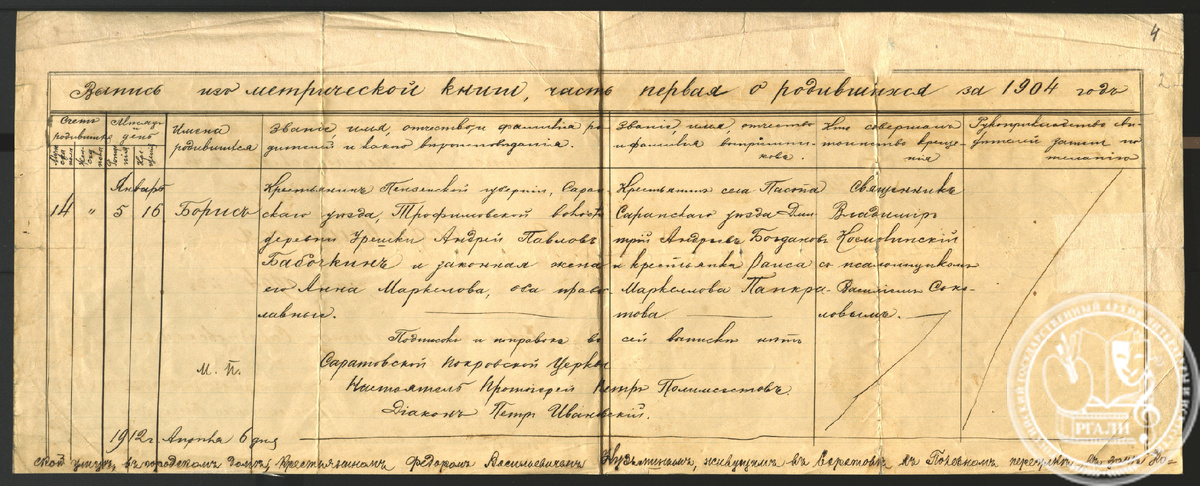 Выпись из метрической книги о рождении Б.А. Бабочкина. Копия. 25 апреля 1912 г.  РГАЛИ. Ф. 2655. Оп.1.