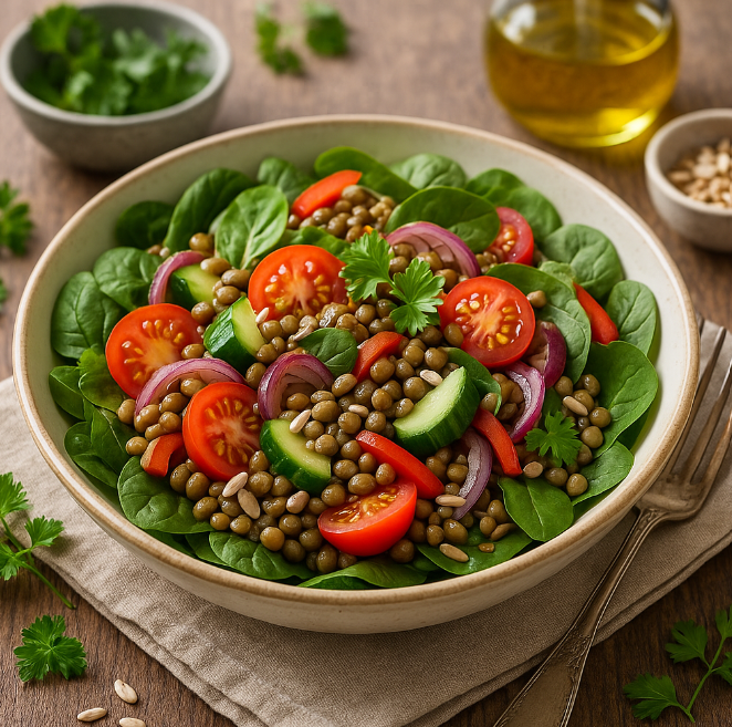 Салат с чечевицей и шпинатом рецепты от Дарики