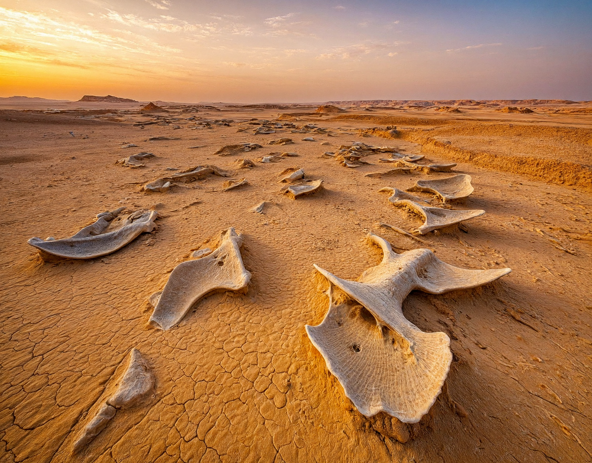 Скелеты китов в пустыне Египта, древняя долина Вади-аль-Хитан, место наследия ЮНЕСКО