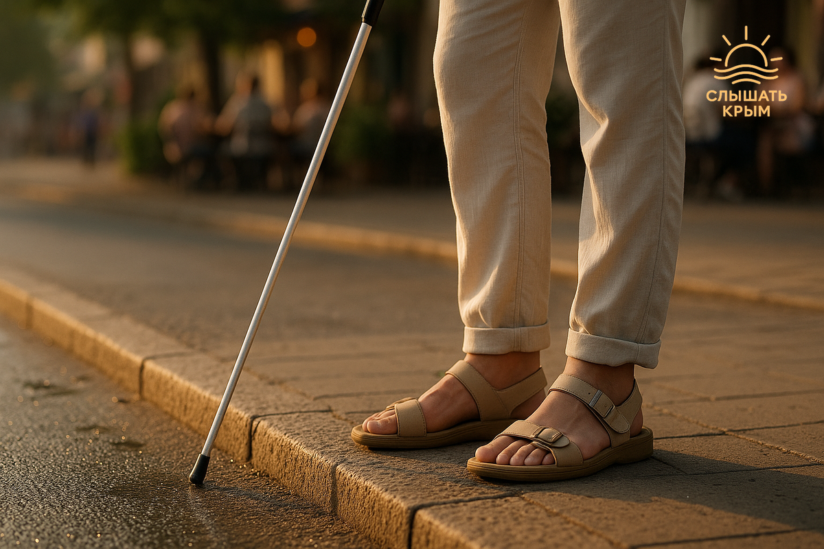 Кромка бордюра щекочет трость, а тёплый асфальт под босыми пальцами обещает: дальше — новый звук, новый глоток утреннего Симферополя.