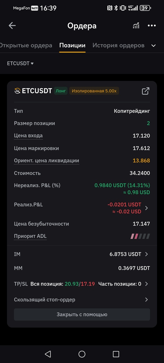 Купил Ethereum Classic по 17.12 Usdt