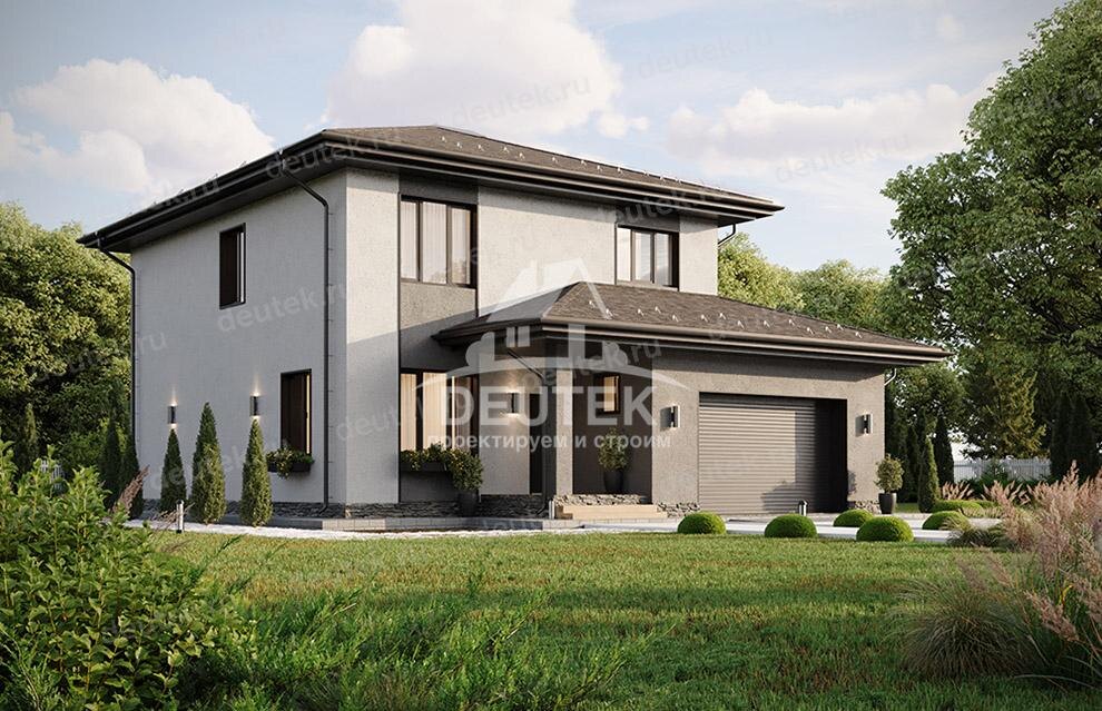 Проект двухэтажного дома 195 м2 с кабинетом и одноместным гаражом