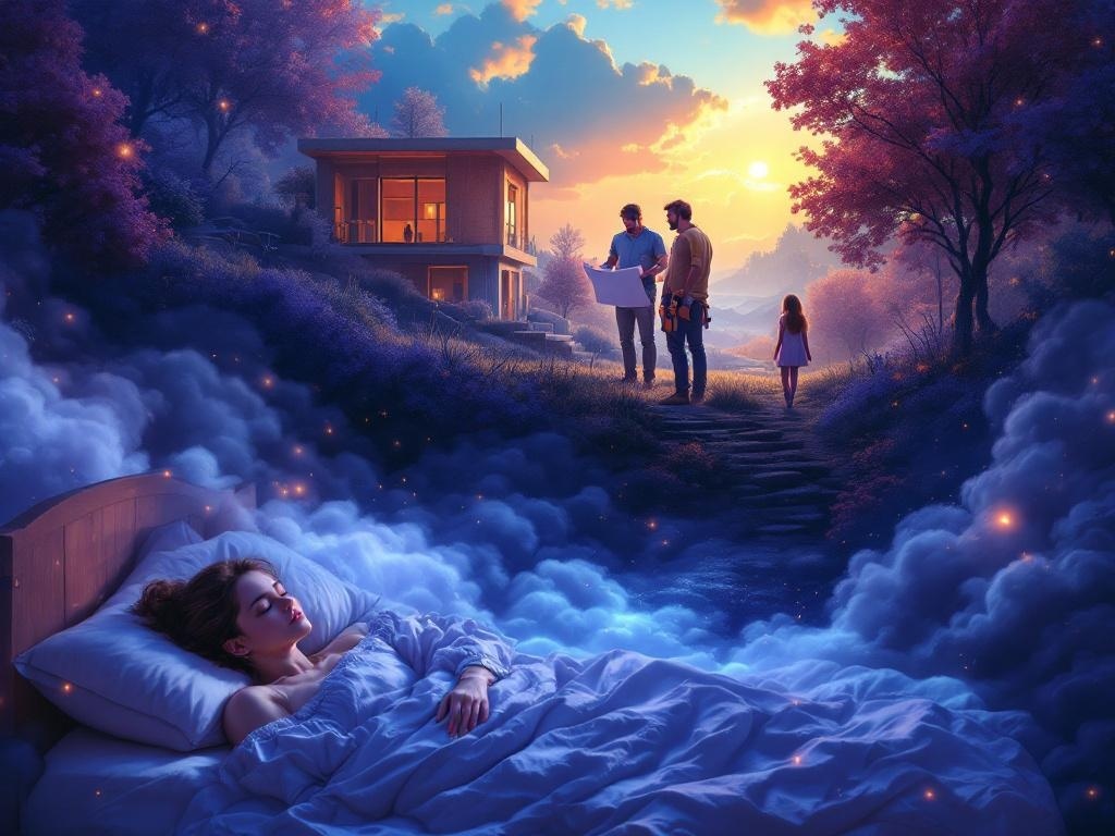    К чему такое снится: На картине изображен момент, когда отец и молодой человек стоят рядом у начатого строительства бани. Отец держит в руках чертёж, а молодой человек, с инструментами в