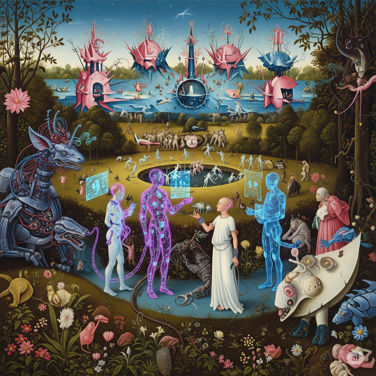 Триптих оммаж работы Иеронима Босха "Сад земных наслаждений". Левая панель. Создано с помощью ИИ Gemini.