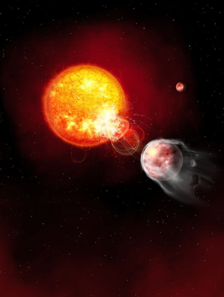 На этой иллюстрации художника изображена звезда HIP 67522 и вспышка, извергающаяся в сторону экзопланеты HIP 67522 b. На заднем плане находится другая планета, HIP 67522