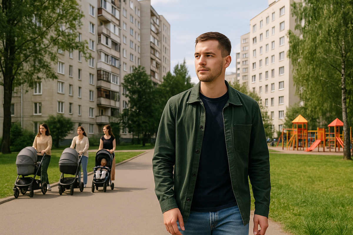 Люди гуляют во дворе Бирюлёво Восточного — спальный район Москвы