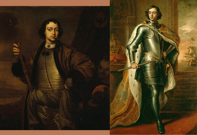Слева - портрет Петра I в Голландии работы П. ван дер Верфа, примерно 1697 год. Справа- 26-летний Пётр I в Лондоне. Портрет кисти Г. Кнеллера, подаренный Петром в 1698 году английскому королю Уильяму III. На портретах- царственные особы, никак не похожие на "инкогнито".