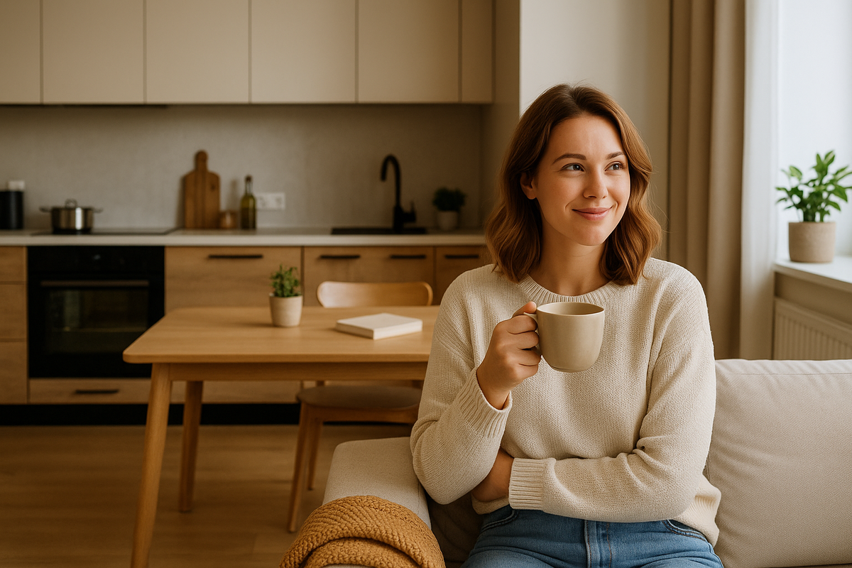 Кухня-гостиная, уют, современная квартира, новостройка