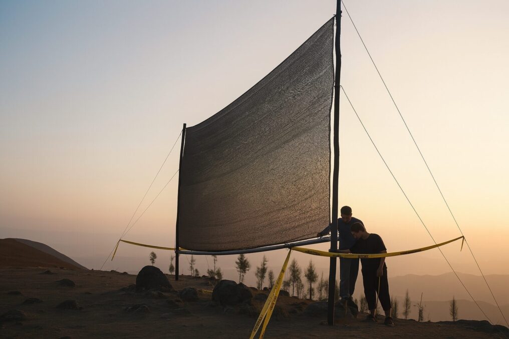 Один из распространителей идеи «ловцов тумана» Кай Тидеманн (на переднем плане) и местный работник осматривают сети.