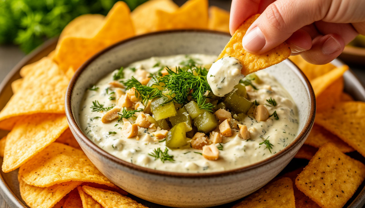 Сырно-сметанный дип с маринованными огурчиками и чипсы