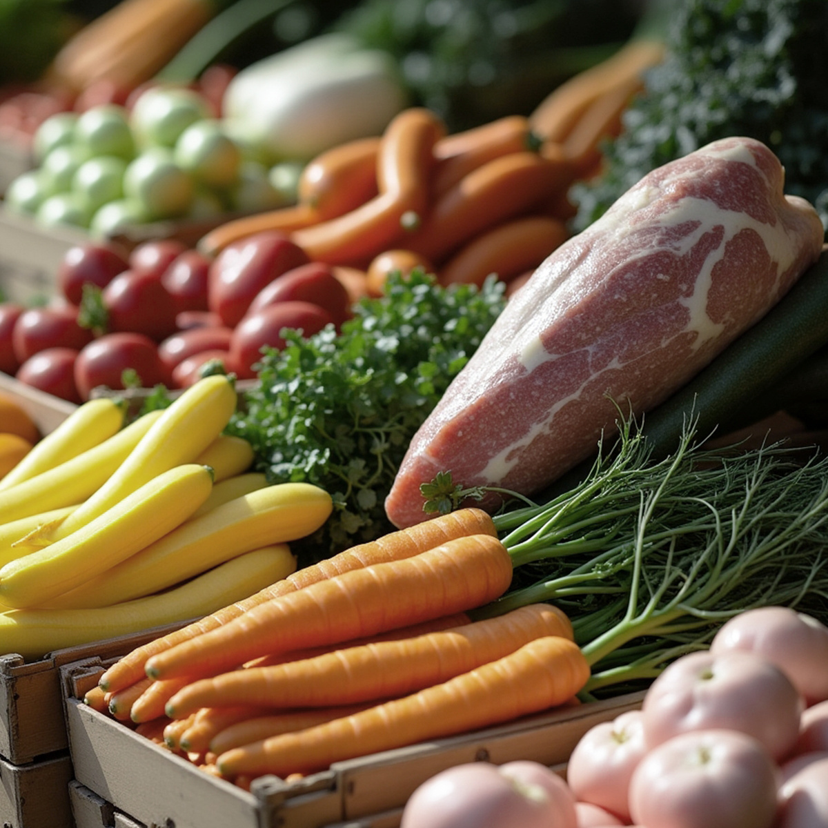 Свежее мясо, свежие овощи, покупаем на рынке