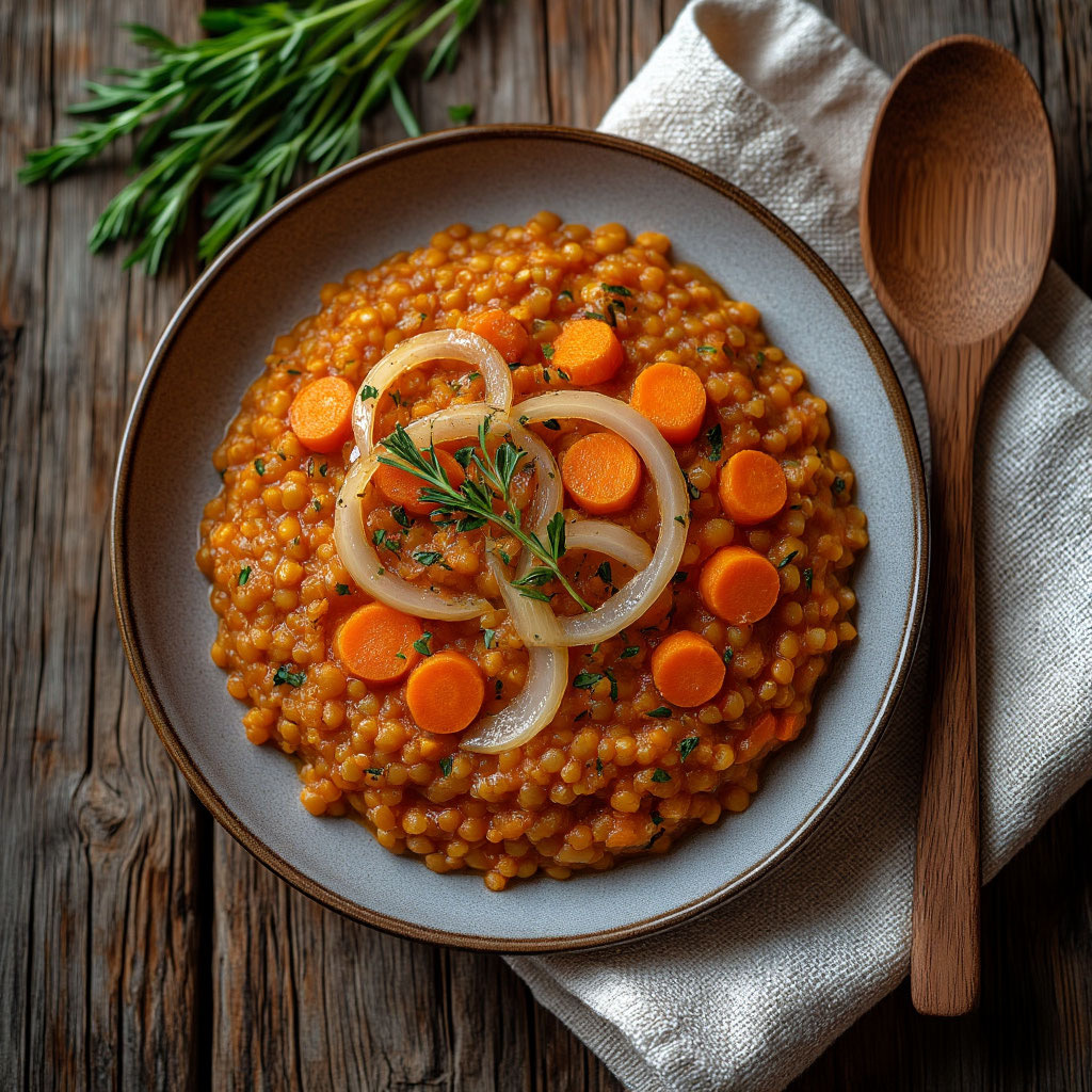 Тарелка тушёной красной чечевицы с овощами и зеленью — сытный и полезный растительный обед, который отлично заменяет мясо.