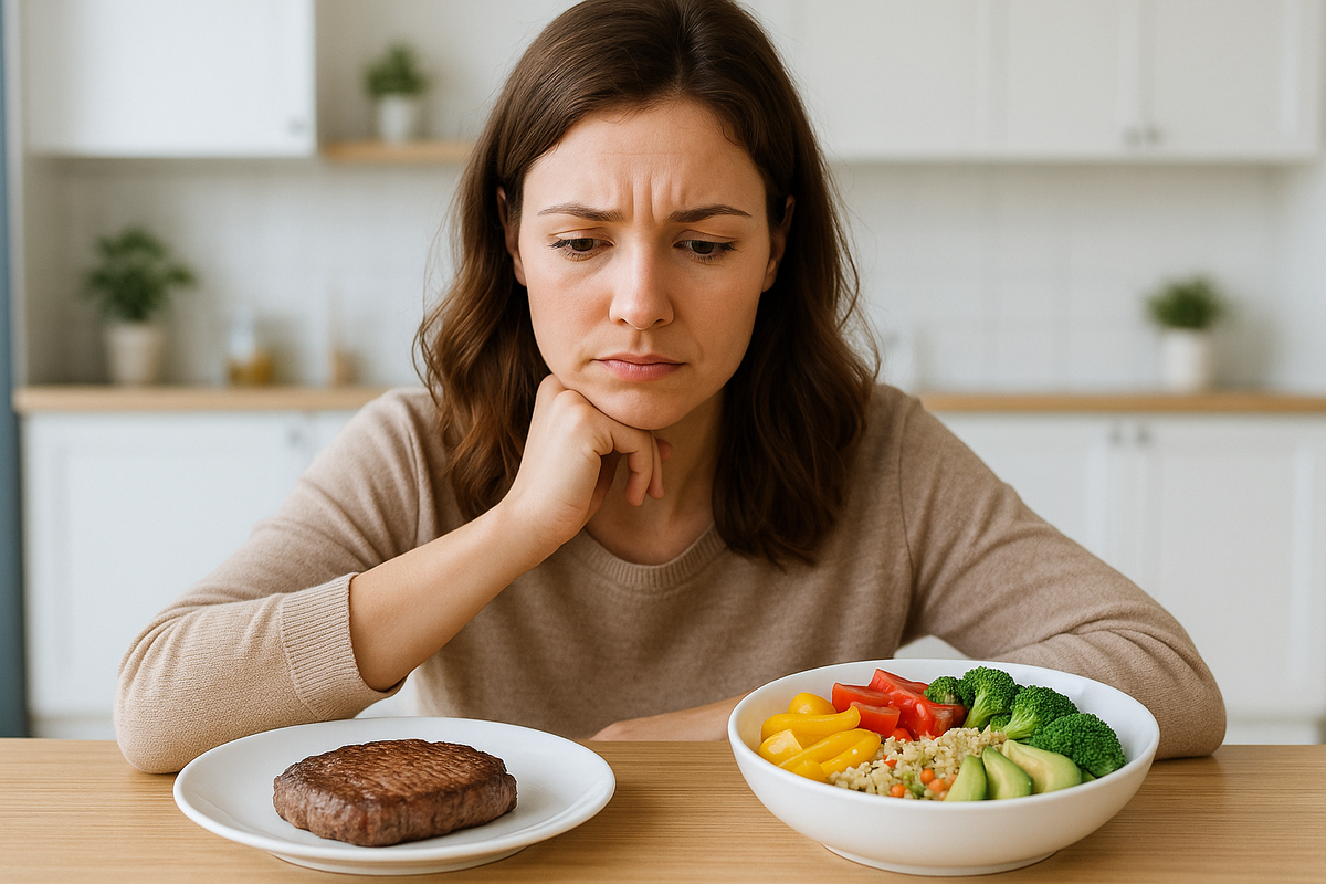 Женщина выбирает между мясом и растительными продуктами — визуализация темы, какие продукты насыщают лучше.