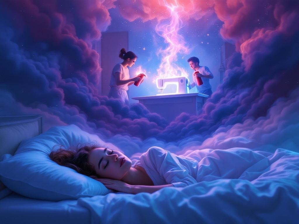    К чему такое снится: Женщина и мужчина стоят в комнате, пытаясь потушить огонь на горящей швейной машинке, которая стоит на столе. Они держат в руках пожарные огнетушители, направленные