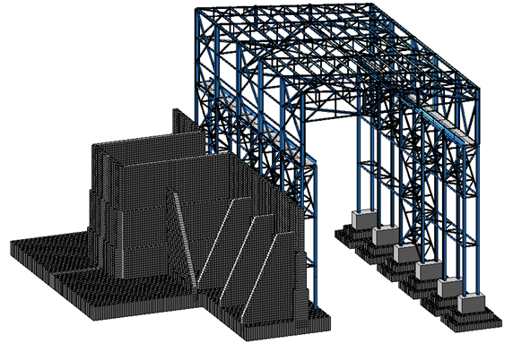 Комплексная пространственная расчетная модель каркаса дробильного корпуса с подпорной стеной