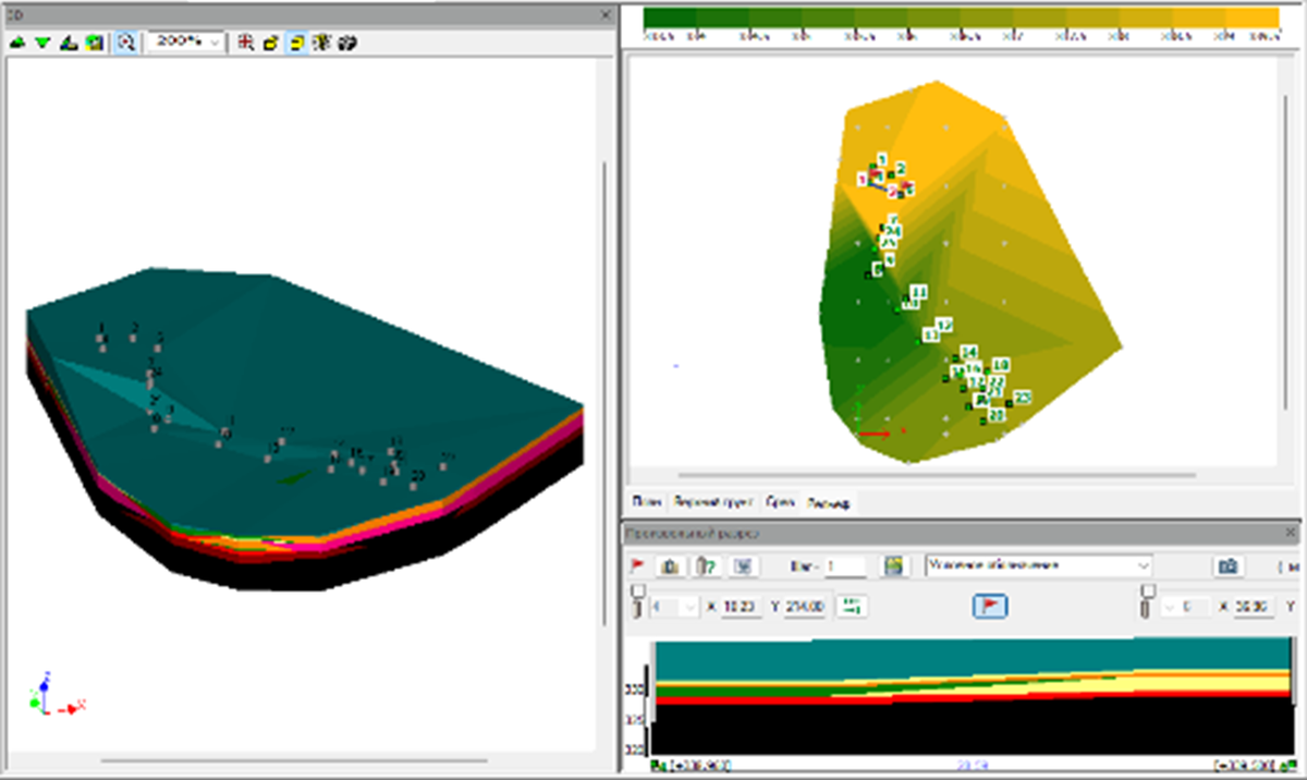 Модель грунтового массива: количество скважин – 23; показан геологический разрез по скважинам 4–6