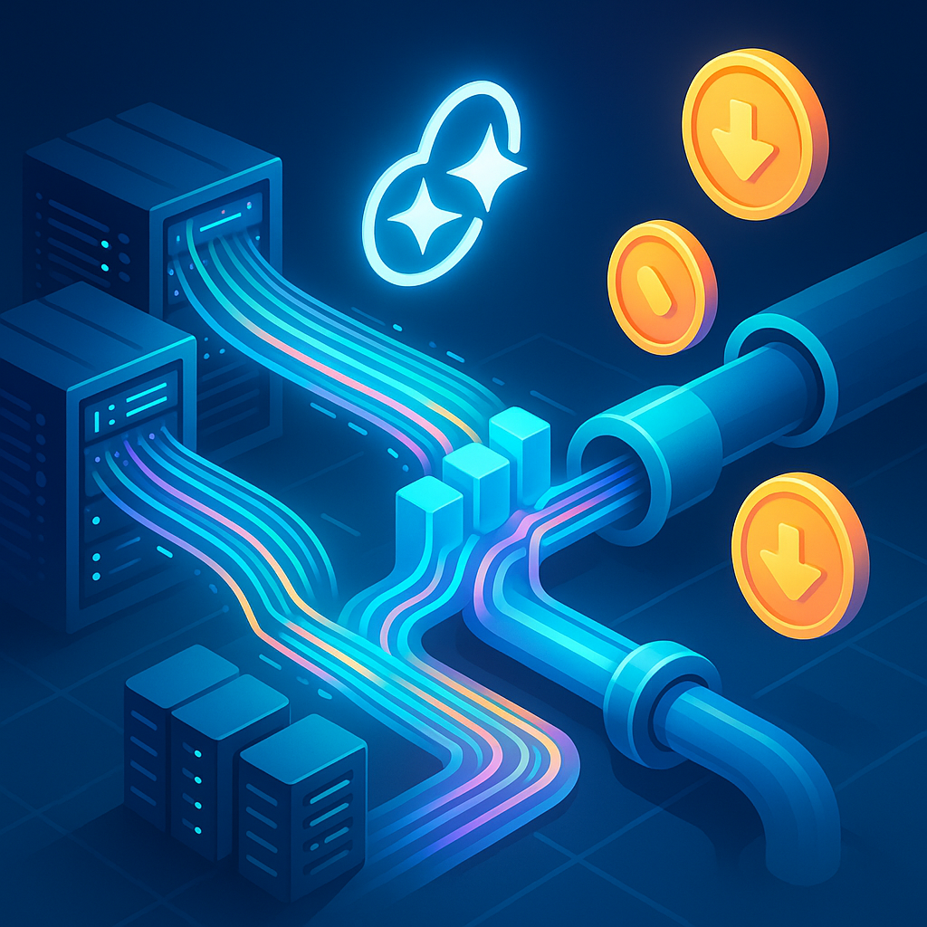 Абстрактная изометрическая иллюстрация: потоки данных сливаются в единую трубу, направляющуюся к сияющему символу Gemini, а рядом парят монеты-жетоны, намекая на экономию ресурсов.