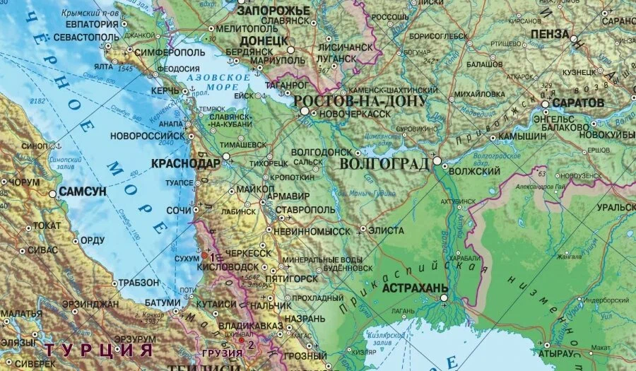 Астрахань на физической карте юга Европейской части России