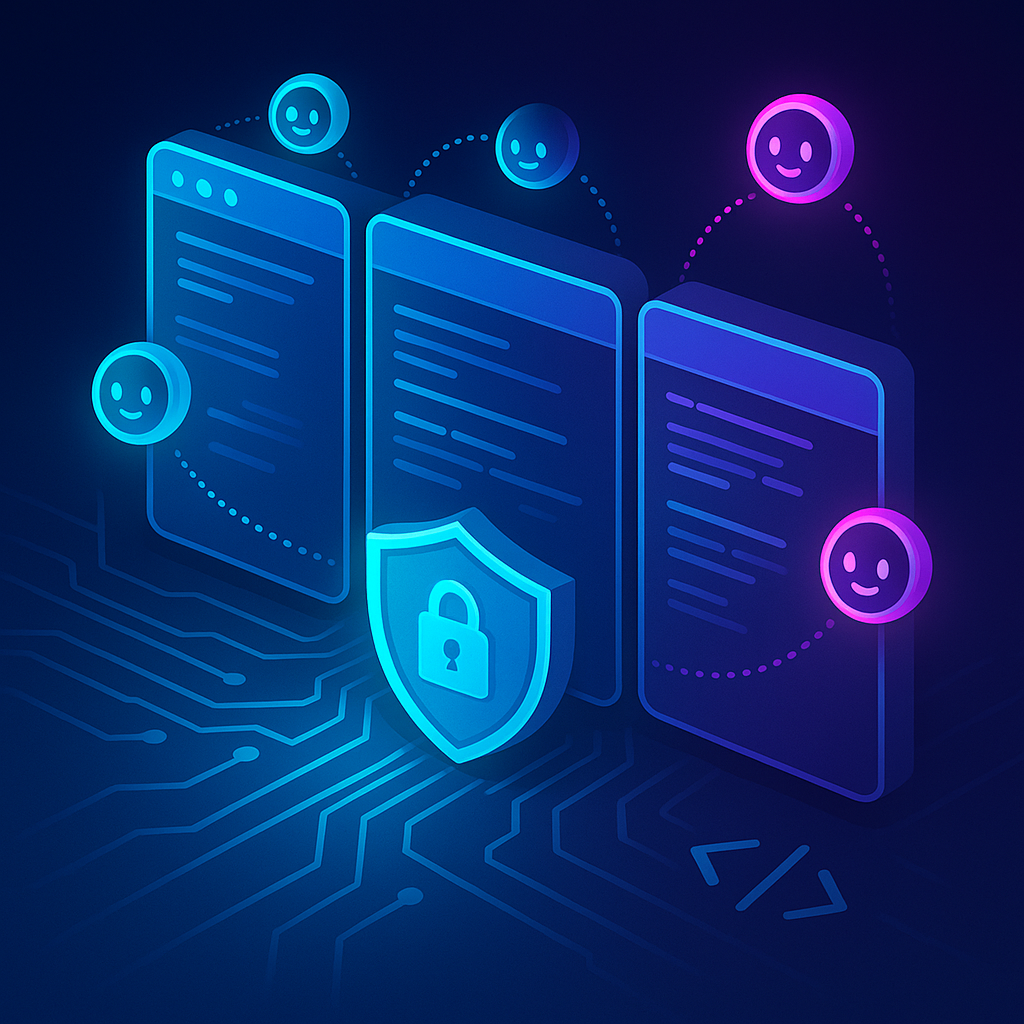 Футуристический браузер в трёх плавающих окнах, окружённых мини-«ботами»-сферами; спереди сияет щит-замок, подчёркивая приватность и локальную работу ИИ-агентов.