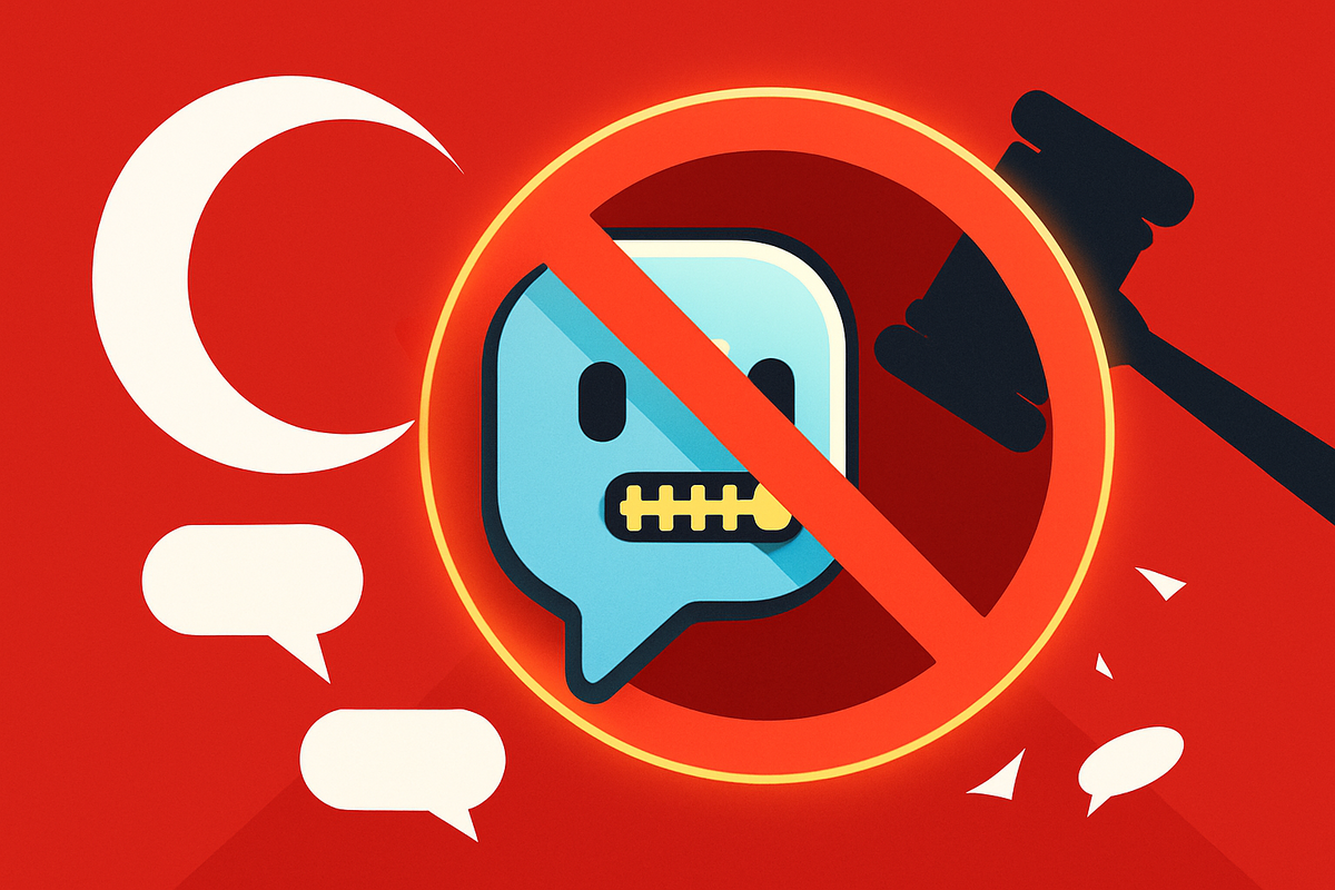 Робот-чат-пузырь с застёгнутой «молнией» вместо рта упирается в красный знак «стоп» на фоне турецкого полумесяца и звезды, а по краям разлетаются треснувшие реплики и главный атрибут суда — гавель: наглядный символ того, как ИИ был «заперт» национальным правосудием.