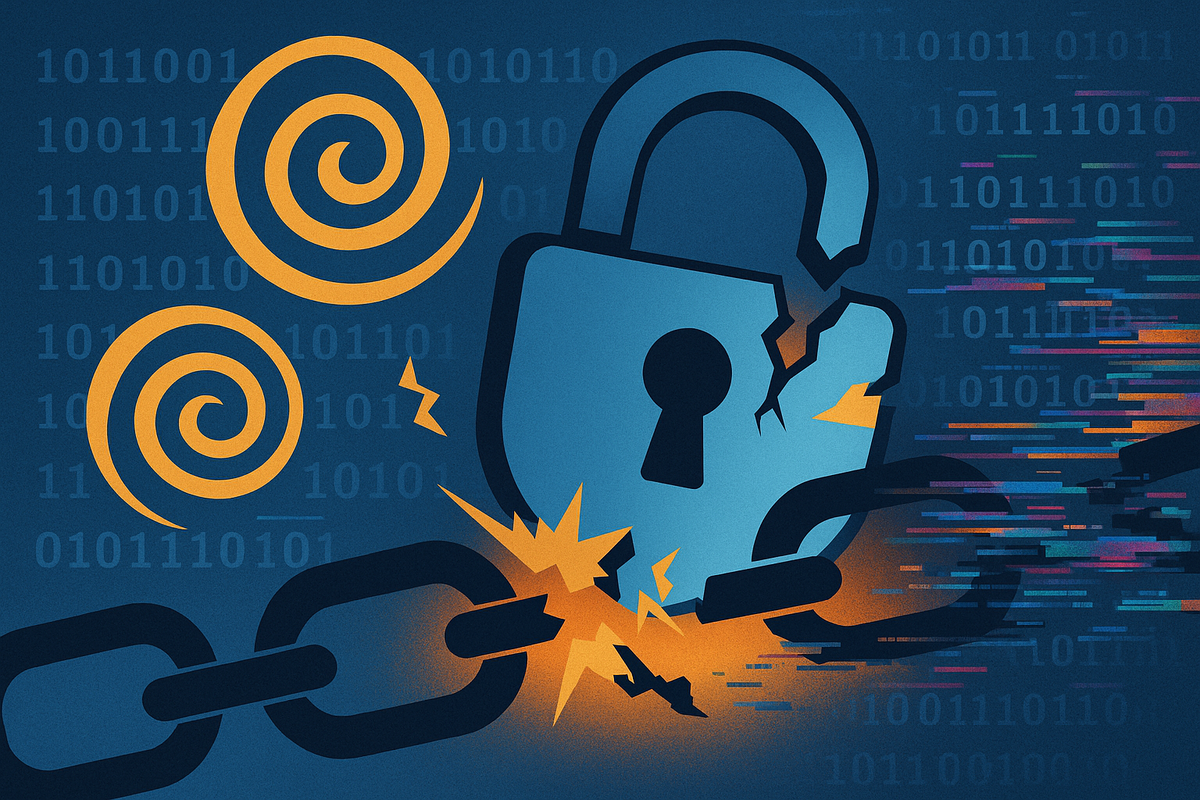 На темно-синем фоне бинарного кода висит треснувший замок, а рядом разлетается разорванная блокчейн-цепь и «глитчевые» хэши — визуальный символ того, как атака на Fiat-Shamir открывает путь к доказательствам ложных транзакций.