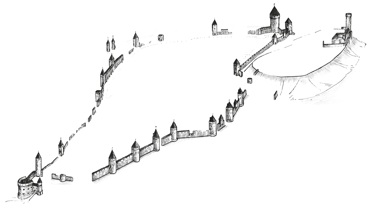 Сохранившиеся до наших дней фрагменты крепостной стены и её башен. Рисунок Р.Ю.Маткевича