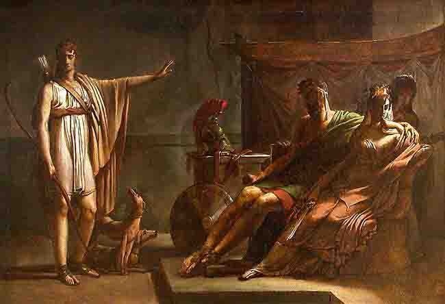 Пьер-Нарсис, барон Герен, "Федра и Ипполит" (ок. 1802 г).  В древнегреческом мифе прекрасный юноша охотник Ипполит пал жертвой оговора своей мачехи Федры, которой богиня Афродита внушила любовь к пасынку. Из уважения к отцу Тесею тот отверг Федру — и она в гневе его оклеветала.