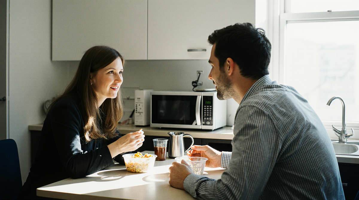 Коллеги обедают на работе на кухне в служебном помещении